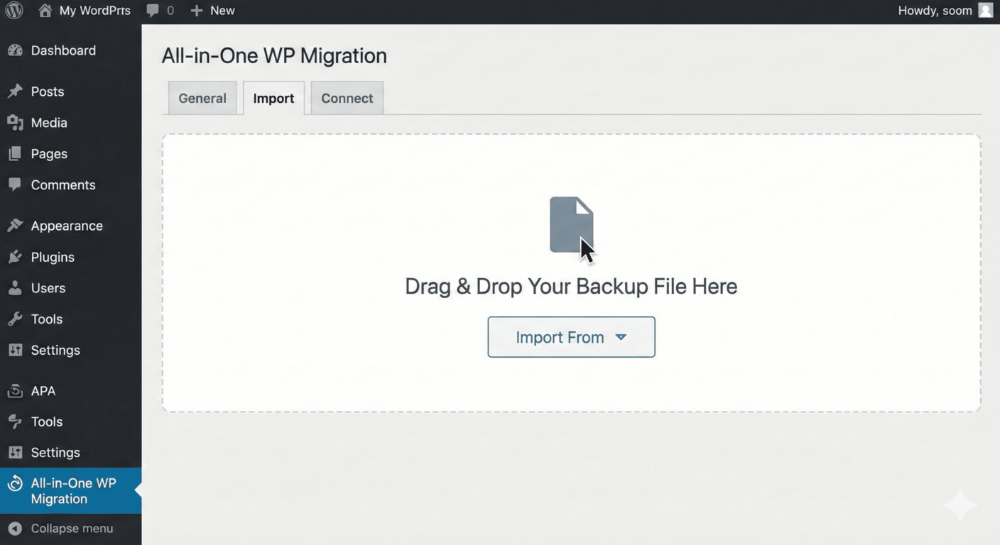 Kéo thả file .wpress để khôi phục dữ liệu website