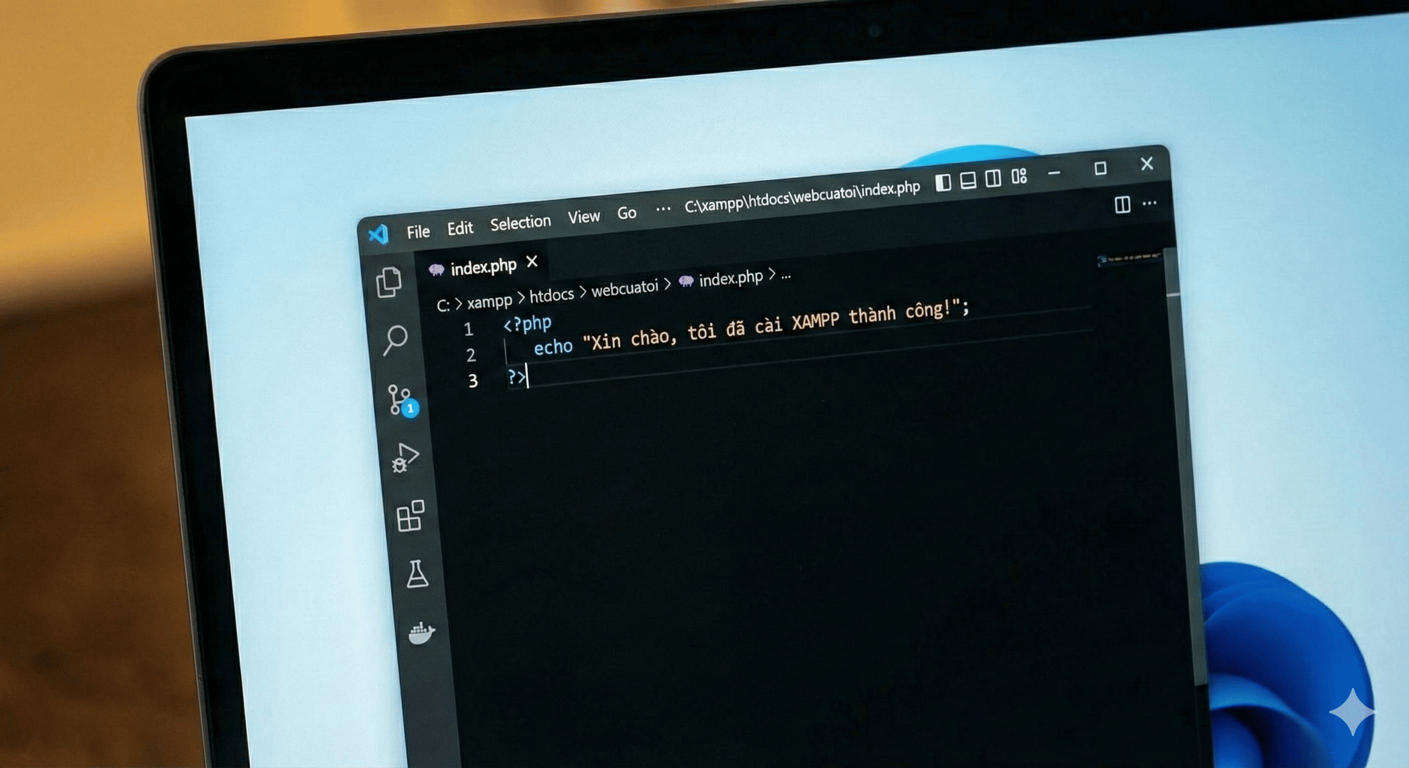 Minh họa cách tạo file index.php và viết mã PHP cơ bản trong thư mục htdocs
